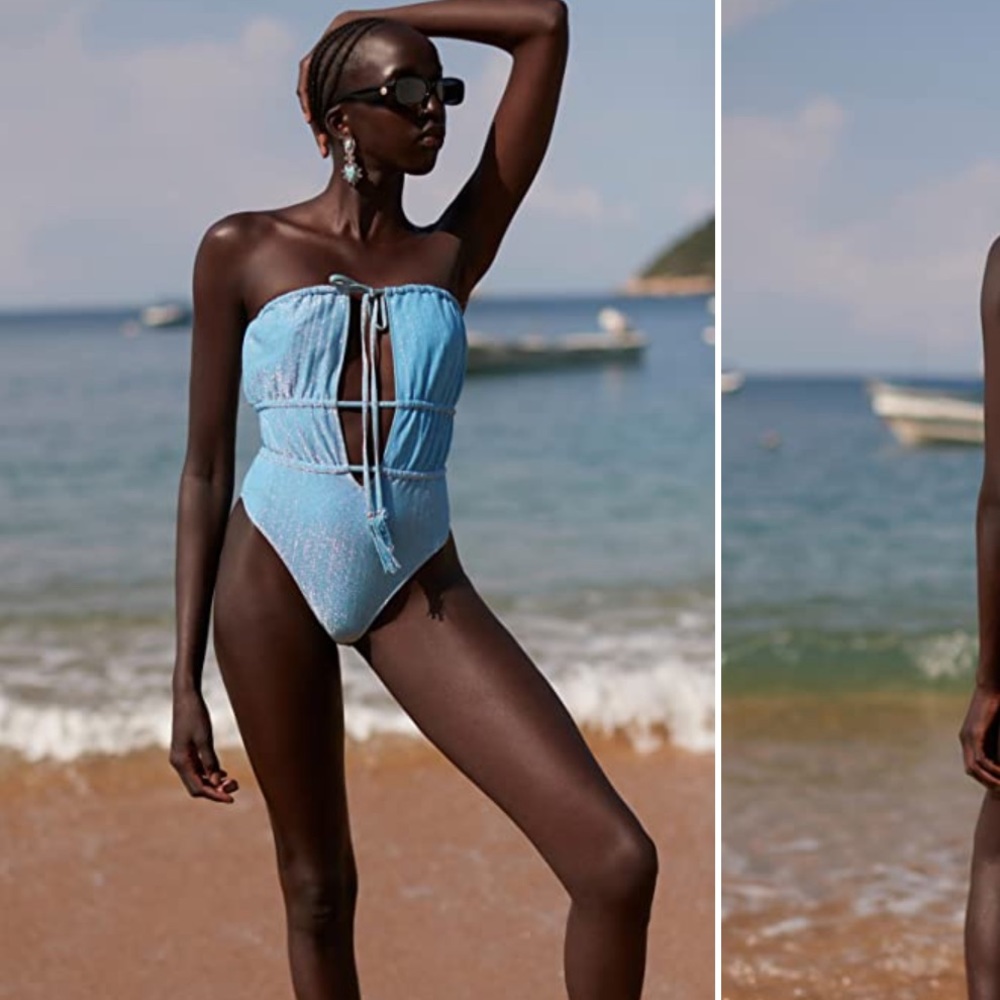 Ramy Brook Blue One Piece Swimsuit with Vertical Stripes